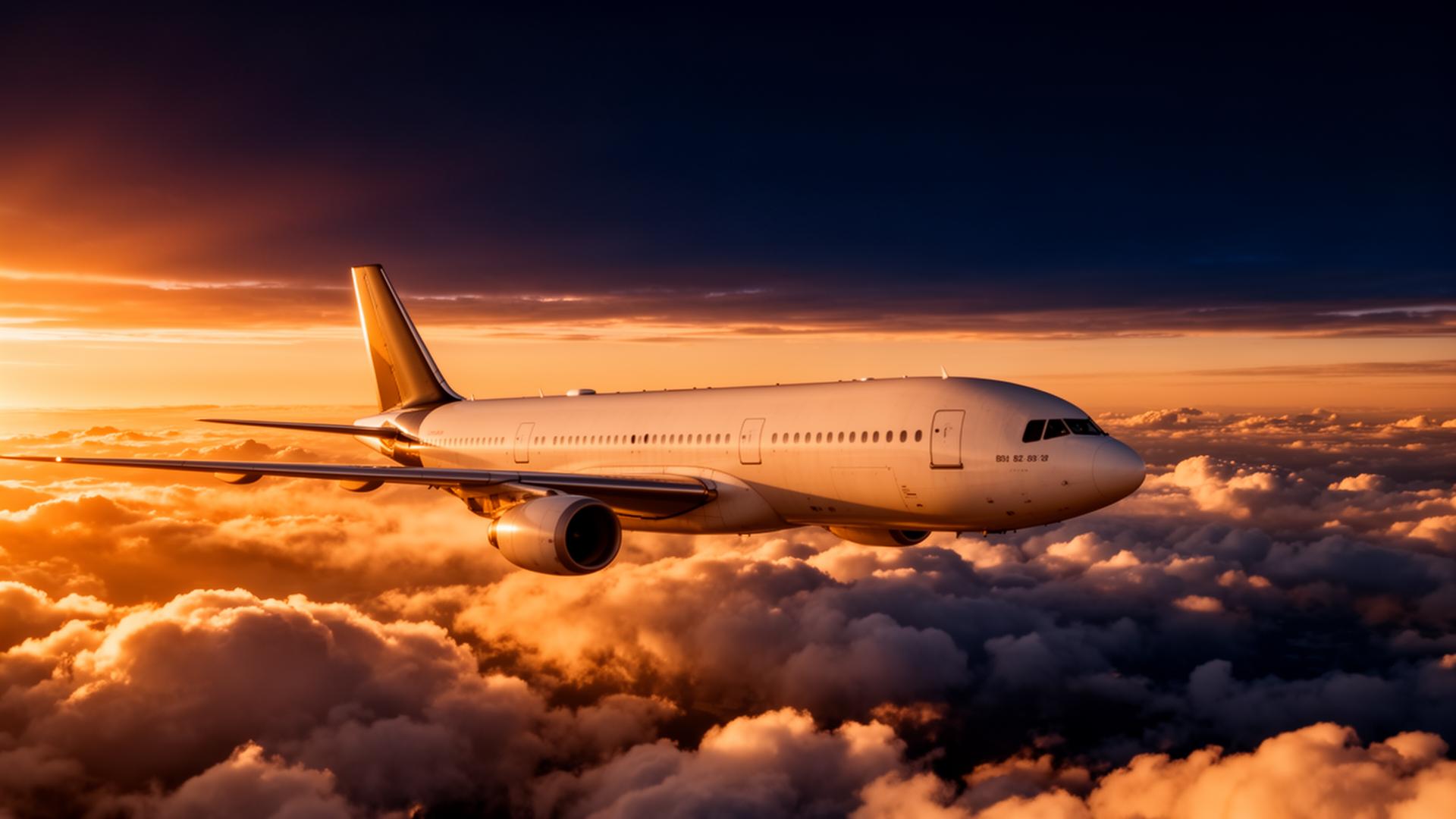 Aircraft cruising above clouds at golden hour